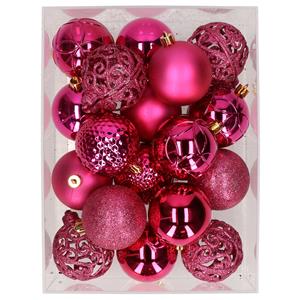Bellatio 37x stuks kunststof kerstballen felroze 6 cm -