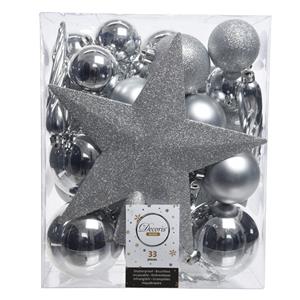 Decoris 33x stuks kunststof kerstballen met ster piek zilver 5-6-8 cm mix -