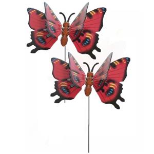 Decoris 5x stuks metalen vlinder rood 17 x 60 cm op steker - Tuindecoratie vlinders - Dierenbeelden