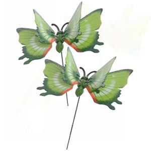 Decoris Set van 5x stuks metalen vlinder groen 11 x 70 cm op steker - Tuindecoratie vlinders - Dierenbeelden
