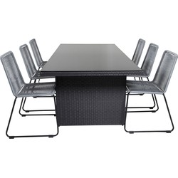 Hioshop Padova tuinmeubelset tafel 100x200cm en 6 stoel Lindos zwart.