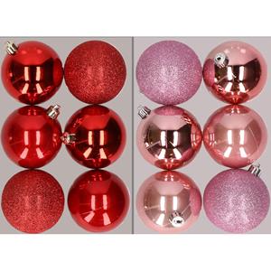 Cosy & Trendy 12x stuks kunststof kerstballen mix van rood en roze 8 cm -