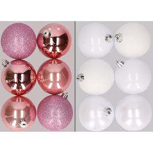 Cosy & Trendy 12x stuks kunststof kerstballen mix van roze en wit 8 cm -