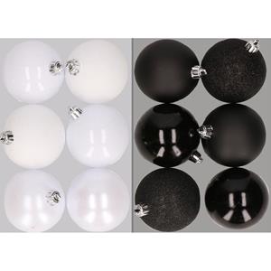 Cosy & Trendy 12x stuks kunststof kerstballen mix van wit en zwart 8 cm -