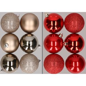 Cosy & Trendy 12x stuks kunststof kerstballen mix van champagne en rood 8 cm -