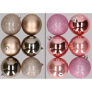 Cosy & Trendy 12x stuks kunststof kerstballen mix van champagne en roze 8 cm -