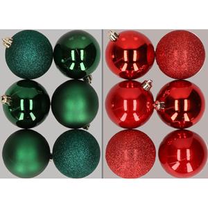 Cosy & Trendy 12x stuks kunststof kerstballen mix van donkergroen en rood 8 cm -