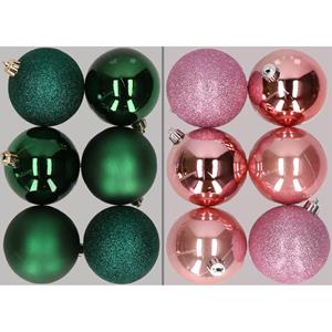 Cosy & Trendy 12x stuks kunststof kerstballen mix van donkergroen en roze 8 cm -