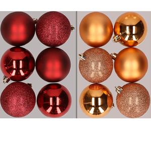 Cosy & Trendy 12x stuks kunststof kerstballen mix van donkerrood en koper 8 cm -