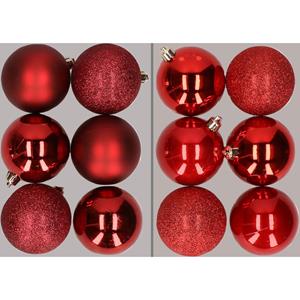 Cosy & Trendy 12x stuks kunststof kerstballen mix van donkerrood en rood 8 cm -
