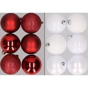 Cosy & Trendy 12x stuks kunststof kerstballen mix van donkerrood en wit 8 cm -