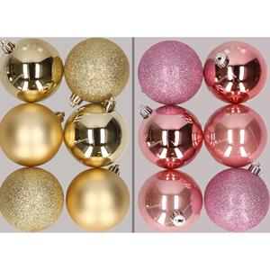 Cosy & Trendy 12x stuks kunststof kerstballen mix van goud en roze 8 cm -