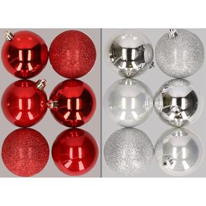 Cosy & Trendy 12x stuks kunststof kerstballen mix van rood en zilver 8 cm -