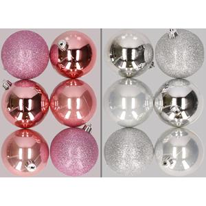 Cosy & Trendy 12x stuks kunststof kerstballen mix van roze en zilver 8 cm -