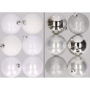 Cosy & Trendy 12x stuks kunststof kerstballen mix van wit en zilver 8 cm -