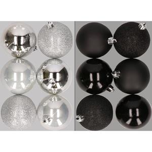 Cosy & Trendy 12x stuks kunststof kerstballen mix van zilver en zwart 8 cm -