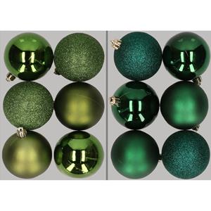 Cosy & Trendy 12x stuks kunststof kerstballen mix van appelgroen en donkergroen 8 cm -
