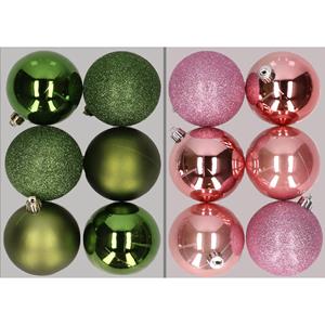 Cosy & Trendy 12x stuks kunststof kerstballen mix van appelgroen en roze 8 cm -