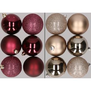 Cosy & Trendy 12x stuks kunststof kerstballen mix van aubergine en champagne 8 cm -
