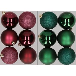 Cosy & Trendy 12x stuks kunststof kerstballen mix van aubergine en donkergroen 8 cm -