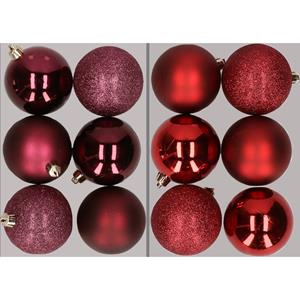 Cosy & Trendy 12x stuks kunststof kerstballen mix van aubergine en donkerrood 8 cm -