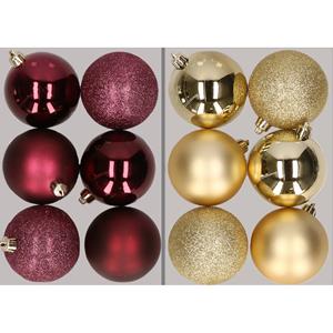 Cosy & Trendy 12x stuks kunststof kerstballen mix van aubergine en goud 8 cm -