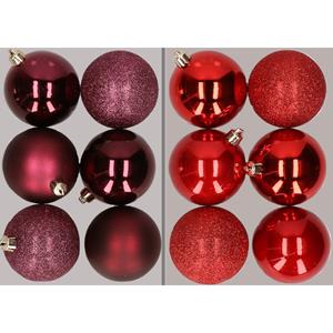 Cosy & Trendy 12x stuks kunststof kerstballen mix van aubergine en rood 8 cm -