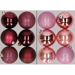 Cosy & Trendy 12x stuks kunststof kerstballen mix van aubergine en roze 8 cm -