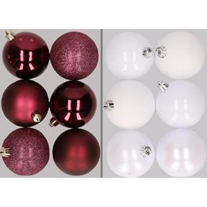 Cosy & Trendy 12x stuks kunststof kerstballen mix van aubergine en wit 8 cm -