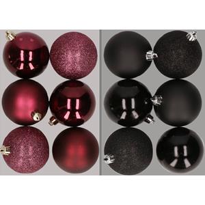 Cosy & Trendy 12x stuks kunststof kerstballen mix van aubergine en zwart 8 cm -