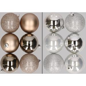 Cosy & Trendy 12x stuks kunststof kerstballen mix van champagne en zilver 8 cm -