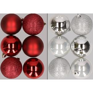 Cosy & Trendy 12x stuks kunststof kerstballen mix van donkerrood en zilver 8 cm -