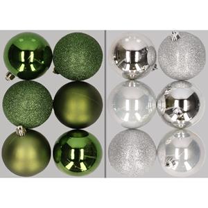 Cosy & Trendy 12x stuks kunststof kerstballen mix van appelgroen en zilver 8 cm -