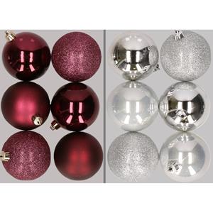 Cosy & Trendy 12x stuks kunststof kerstballen mix van aubergine en zilver 8 cm -