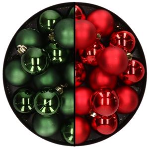 Decoris 32x stuks kunststof kerstballen mix van donkergroen en rood 4 cm -