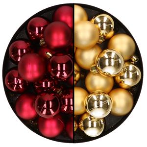 Decoris 32x stuks kunststof kerstballen mix van donkerrood en goud 4 cm -