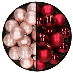 Decoris 32x stuks kunststof kerstballen mix van lichtroze en donkerrood 4 cm -