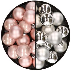 Decoris 32x stuks kunststof kerstballen mix van lichtroze en zilver 4 cm -