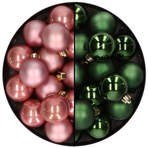 Decoris 32x stuks kunststof kerstballen mix van oudroze en donkergroen 4 cm -