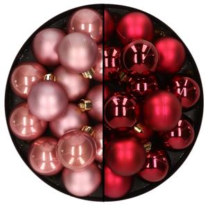 Decoris 32x stuks kunststof kerstballen mix van oudroze en donkerrood 4 cm -