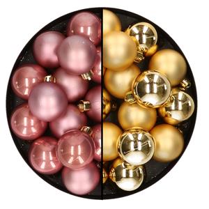 Decoris 32x stuks kunststof kerstballen mix van oudroze en goud 4 cm -