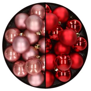 Decoris 32x stuks kunststof kerstballen mix van oudroze en rood 4 cm -