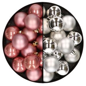 Decoris 32x stuks kunststof kerstballen mix van oudroze en zilver 4 cm -