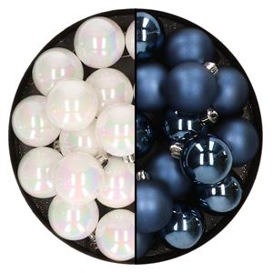 Decoris 32x stuks kunststof kerstballen mix van parelmoer wit en donkerblauw 4 cm -