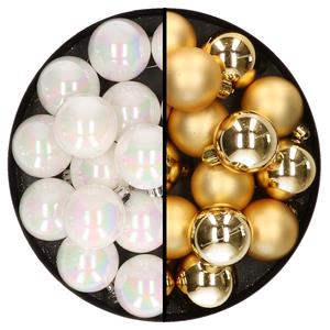 Decoris 32x stuks kunststof kerstballen mix van parelmoer wit en goud 4 cm -