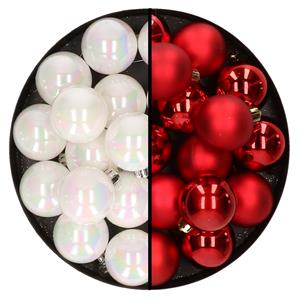 Decoris 32x stuks kunststof kerstballen mix van parelmoer wit en rood 4 cm -