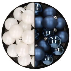 Decoris 32x stuks kunststof kerstballen mix van wit en donkerblauw 4 cm -