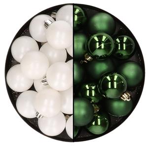Decoris 32x stuks kunststof kerstballen mix van wit en donkergroen 4 cm -