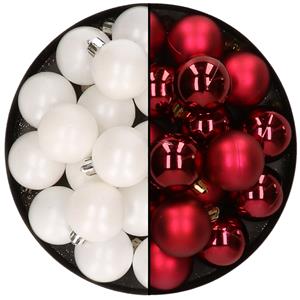 Decoris 32x stuks kunststof kerstballen mix van wit en donkerrood 4 cm -