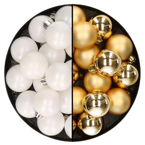 Decoris 32x stuks kunststof kerstballen mix van wit en goud 4 cm -